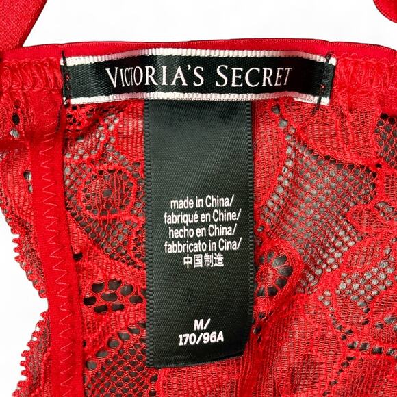 Victoria's Secret Red Lace Teddy Lingerie Size Medium Crotchless Sheer Coquette - Picture 10 of 12